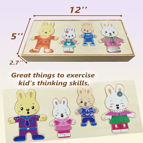 Wooden Bunny Family Dress-up Puzzle Box for Toddlers(72pcs),Change Clothes Puzzle Games, Preschool Learning Activities Toys for Kids Ages 3+ - color: Bunny