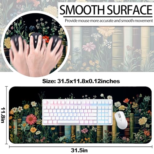 Fantasy Pretty Wildflower and Book Gaming Desk Mat, Computer Keyboard Large Extended Long Floral Mouse Pad for Office and Home, XL (W02) - color: W02