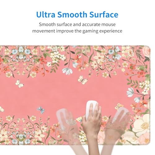 Large Gaming Mouse Pad Desk Mat, Pink Girly Floral Extended Keyboard Mouse Pad Mousepad with Non-Slip Base and Stitched Edge Mouse Mat Desk Pad Mouse Pads for Desk Home Office, 31.5 x 11.8 - color: Girly Floral Pink