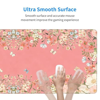Large Gaming Mouse Pad Desk Mat, Pink Girly Floral Extended Keyboard Mouse Pad Mousepad with Non-Slip Base and Stitched Edge Mouse Mat Desk Pad Mouse Pads for Desk Home Office, 31.5 x 11.8 - color: Girly Floral Pink