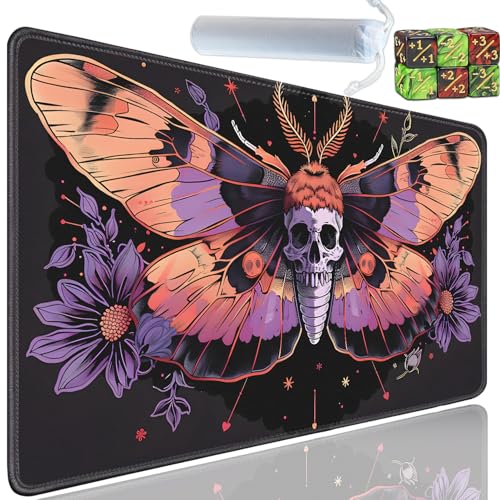 Playmat for MTG, 24x14 Inches Playmats, for TCG and CCG Trading Card Game Mat, Non-Slip Rubber for MTG Playmats with A Storage Bag and 6 Dice Set, Moth and Skull Pattern Black - color: Yu-Playmat-1-D108