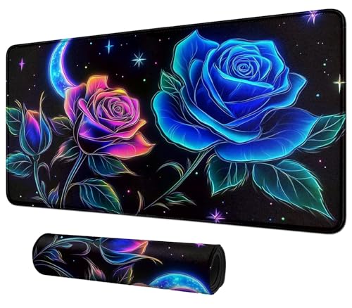 Blue Roses with Moon and Stars for MTG & TCG Playmat Mouse Pad,BFDHGQZC 24" x 14" Game Mat for MTG/RPG/CCG Trading Card Game Playmats Table Mat Perfect for Card Games Video Games Computer Office - color: Blue Roses With Moon and Stars