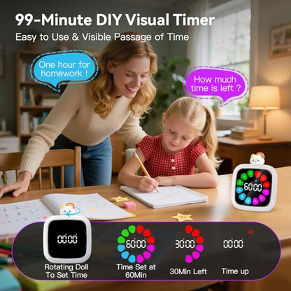 Yunbaoit Digital Visual Timer for Kids, Rechargeable 99-Minute Silent Countdown Timer with 19 Ringtones, 9 Optional DIY Color Petal Display, Time Management Tool with Pause Function (3 Dolls) - style: 3 Dolls