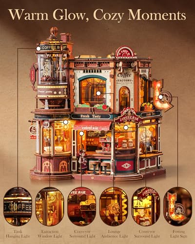 ROBOTIME Moving Coffee Factory 3D Wooden Puzzle for Adults — Mechanical Building Kit with Music Box & Warm LED Lights, 593PCS No-Glue Book Nook Kit, Miniature House Kit Desk Decor, Unique Gift