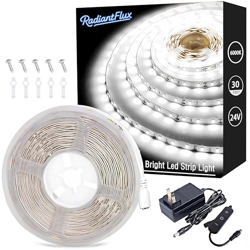RadiantFlux Led Lights 30 ft for Bedroom, Dimmable LED Strip Lights, 480 LEDs, Super Bright LED Tape Rope Lights for Living Room, Kitchen, Vanity Mirror, Flexible LED Light Strips for Indoor Use - color: Daylight White, size: 30FT