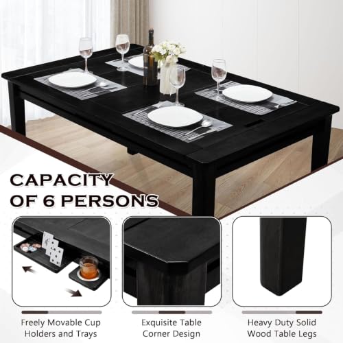 63"x39" Board Game Table with Removable Top Solid Wood Dining/Gaming Table | Gaming Table for 4-6 Players with Play Mat, 6 Detachable Cup Holders & 6 Hobby Trays (Black) - color: Black