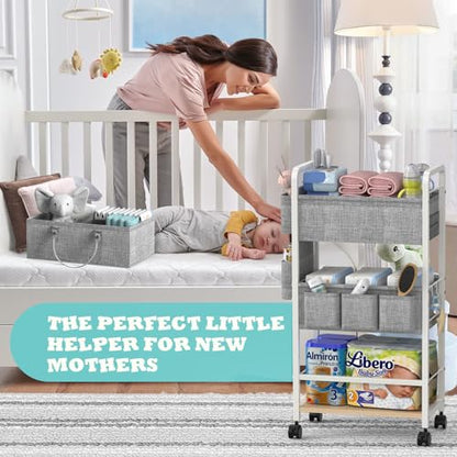 LIDTOP 2In1 Diaper Caddy & 4-Tier Rolling Diaper Cart, Diaper Caddy Organizer Cart with Dividers & Drawer, Mobile Metal Bedside Cart for Baby Nursery Essentials Storage, Large Capacity, White - color: White(with Drawer)