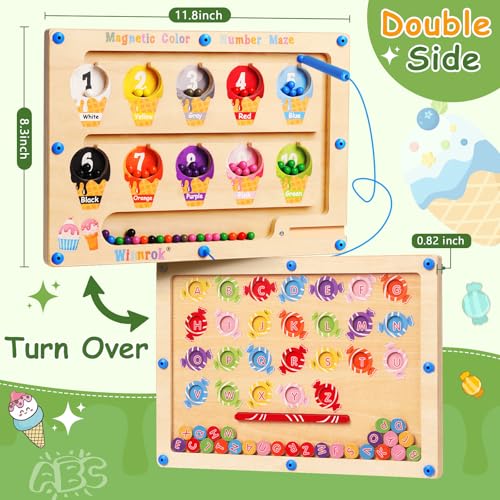 2 in 1 Magnetic Color and Number Maze, ABC Alphabet Puzzles Board Magnet Ice Cream Toys, Montessori Educational Magnet Puzzle, Preschool Learning Counting Toys for 2 3 4 5 Birthday Gifts - style: Ice Cream+Candy