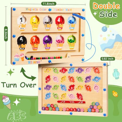 2 in 1 Magnetic Color and Number Maze, ABC Alphabet Puzzles Board Magnet Ice Cream Toys, Montessori Educational Magnet Puzzle, Preschool Learning Counting Toys for 2 3 4 5 Birthday Gifts - style: Ice Cream+Candy