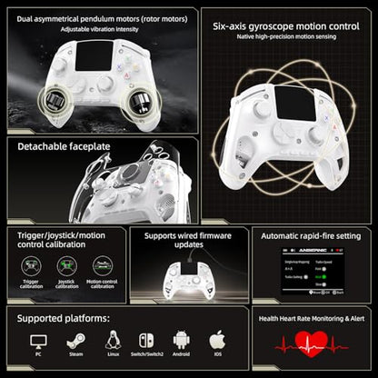 Voacle RG G01 Interactive Screen Wireless Gaming Controller Compatible with PC/Steam/Linux/Android/Switch/IOS 2.4G Wireless Bluetooth Controller Gamepad Hall Effect Triggers(White) - color: White