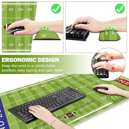 ARTSO Green Desk Mat Set, Extended Gaming Mouse Pad with Wrist Rest Support +Keyboard Wrist Rest +Coaster, Large Cute Mousepad, American Football Field - color: American Football Field
