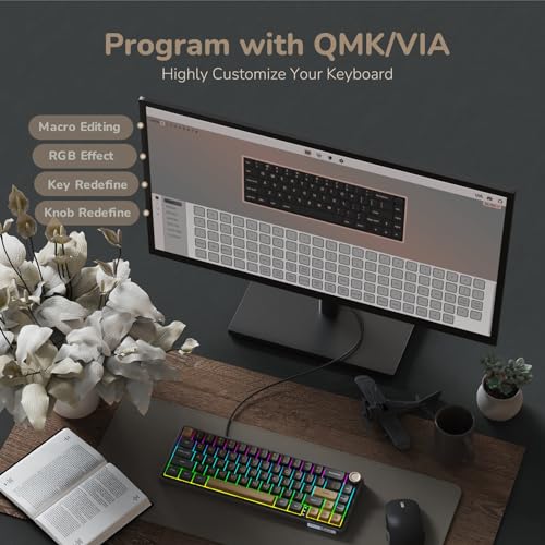 RK ROYAL KLUDGE R65 Wired Gaming Keyboard with Volume Knob, 60% Percent RGB Backlit Mechanical Keyboard Gasket Mount with PBT Keycaps, MDA Profile, QMK/VIA, 66 Keys Hot Swappable Cream Switch, Black - color: Black