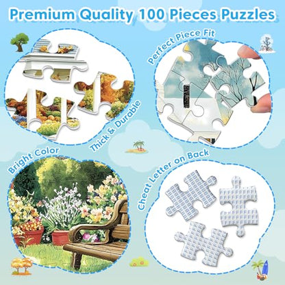 4 Pack 100 Piece Puzzles for Seniors, Four Seasons Jigsaw Puzzles | Elderly Large Piece Puzzle for Adults & Kids Ages 4-6 6-8 8-10, Easy Beginner Puzzle Family Educational Toy Gift - color: Seasons Scenery