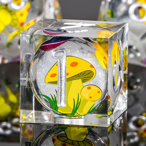 OUKELANWO Liquid Core Mushroom DND Dice Set D&D, 7Pcs Resin Sharp Edge Dice with Gift Box, Dungeons Dragons D and D Role Playing Gaming Dice D20 D12 D10 D8 D6 D4, White and Yellow - color: White and Yellow