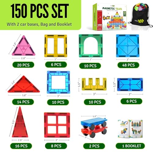 Magnetic Tiles 150 PCS with 2 Cars Bases, STEM Magnet Building Tiles for Kids Ages 3-12, Educational Building Magnets Toys, Creative Construction, Preschool Learning & Play for Childs - style: 150 Pieces