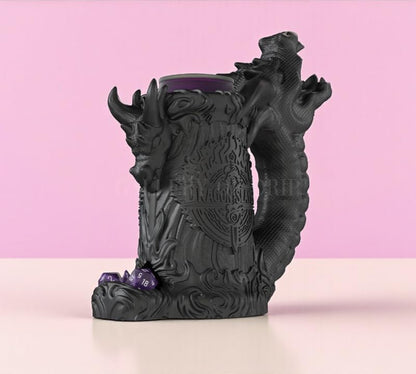 Dragon Slayer Dice Tower & Drink Holder – DND Accessory, Dice Roller Mug, Fantasy Decor for Dungeons and Dragons, Pathfinder, Warhammer, TTRPG Gift for RPG Gamers (Obsidian Black, Standard 12oz Cans)