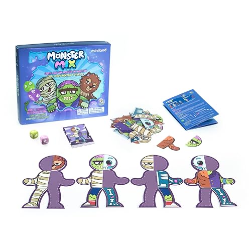 Miniland Monster-Creating Board Game for Kids +5, Comes with 48 Pieces, Challenge Cards and Dice, Develops Symmetry and Concepts of Left-Right | Monster Mix - color: Monster Mix