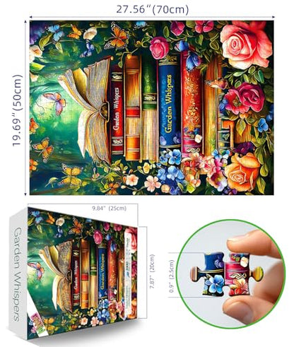 MINIWAN 1000 Piece Magical Garden Whispers Stacked Books Jigsaw Puzzle | 27.5"x19.7", Butterfly Design, Letters on Back, Reference Poster Included, For Adults & Seniors - color: Garden Whispers Book Stack