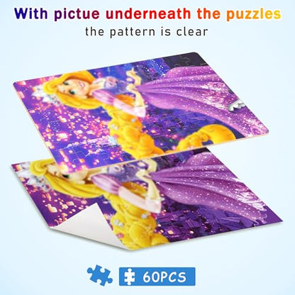 Puzzles for Kids Ages 4-8,Kids Puzzls in a Metal Box,60 Pieces Long Hairs Princess Small Puzles,Kid Boys Girls Learning Educational Puzzle Packed in Tin Box - color: Long Hairs60