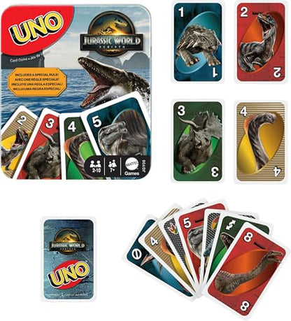 Mattel Games UNO Jurassic World Rebirth Card Game in a Collectible Tin for Kids, Adults & Family with Special Rule & Images Inspired by the Movie - style: UNO Jurassic World