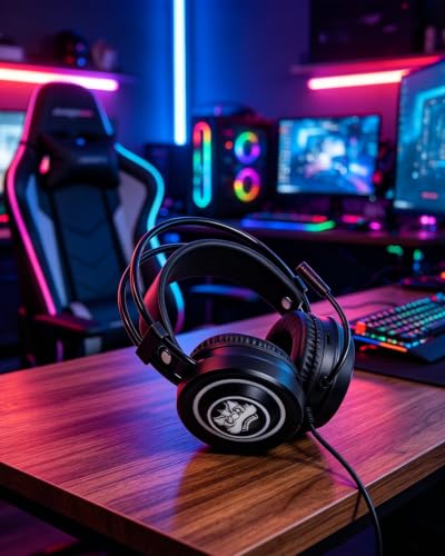 RGB Lighting Gaming Headset with External LED Strip, 360° Surround Sound & Noise Cancelling Mic, Over-Ear Headphones, Comfortable Memory Foam Earmuffs, Adjustable Headband for Long Gaming Sessions