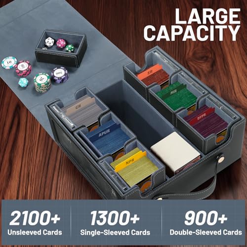 Commander Deck Box with Handle, Trading Card Storage Box for MTG&TCG.7 in 1 MTG Deck Box with 6 Toploaders, 6 Stoppers, 10 Colorful Dividers.(Black & Grey, 7 IN 1) - color: Black & Grey