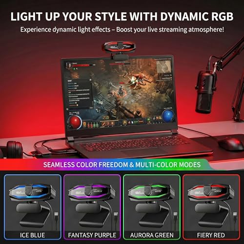 1080P Webcam with Microphone, Full HD Web Camera with RGB Light for Pc, Light Correction and Noise Cancellation Streaming Webcam, USB Computer Camera with Privacy Cover ,Plug and Play PC Web Cam