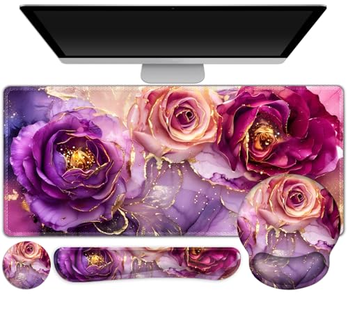 Gaming Mouse Pad Large Desk Mat, Cute Purple Marble Rose Desk Pad Protector | 4in1 XXL Mousepad + Keyboard Wrist Rest+Mouse Wrist Rest+Coaster Set with Ergonomic Desk Pad for Home Office PC,Flowers - color: Marble Rose Purple Flowers