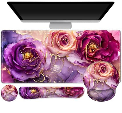 Gaming Mouse Pad Large Desk Mat, Cute Purple Marble Rose Desk Pad Protector | 4in1 XXL Mousepad + Keyboard Wrist Rest+Mouse Wrist Rest+Coaster Set with Ergonomic Desk Pad for Home Office PC,Flowers - color: Marble Rose Purple Flowers