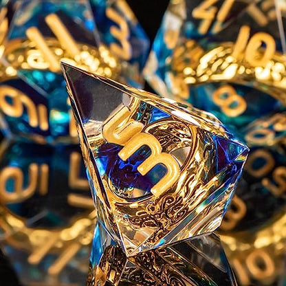 OUKELANWO Magic Lord Rings DND Dice Set with Box, 7Pcs Resin LOTR D&D Dice Set for Role Playing Game, Blue Gold Dungeons Dragons D and D Sharp Edge Dice D20 D12 D10 D8 D6 D4 - color: Blue