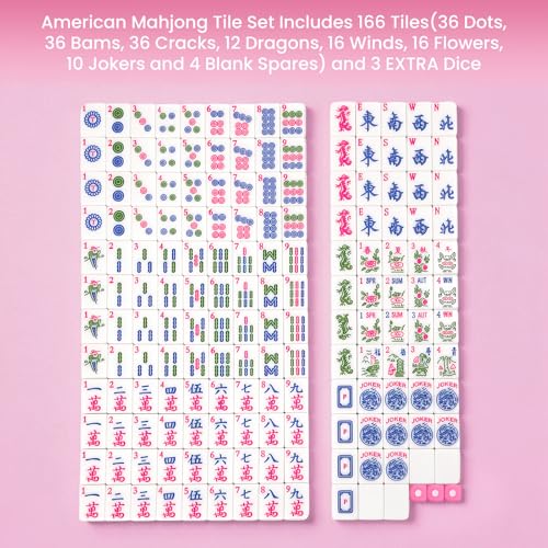166pcs American Mahjong Tile Set with Pink Back Tiles for Family Night, 1.2-inch Mahjong Game Set with 3 Dice for Gathering, Party, Camping(Tiles Only)