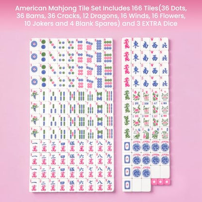 166pcs American Mahjong Tile Set with Pink Back Tiles for Family Night, 1.2-inch Mahjong Game Set with 3 Dice for Gathering, Party, Camping(Tiles Only)