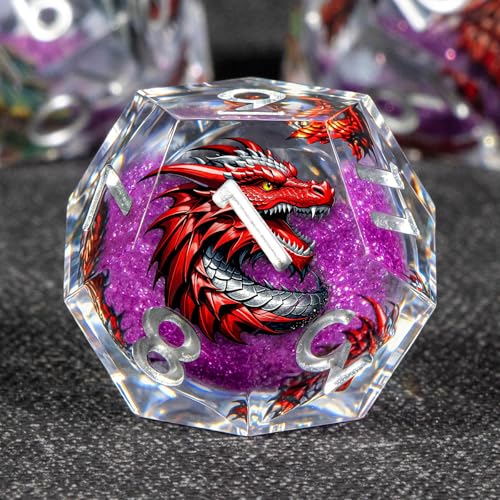 KERWELLSI Liquid Core Dragons Pattern Dice, Resin DND Dice Set with Gift Box, Purple Sharp Edged Dungeons D&D Dice, Role Playing Game Dice D20 D12 D10 D8 D6 D4 - color: Purple