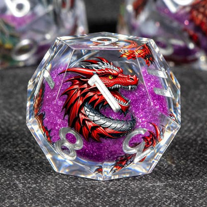 KERWELLSI Liquid Core Dragons Pattern Dice, Resin DND Dice Set with Gift Box, Purple Sharp Edged Dungeons D&D Dice, Role Playing Game Dice D20 D12 D10 D8 D6 D4 - color: Purple