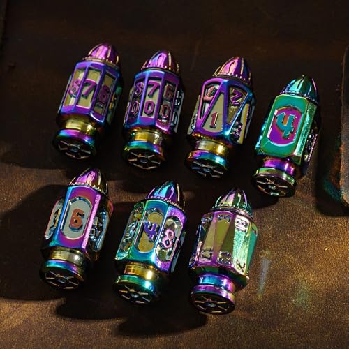 UDIXI Metal DND Bullet Dice Set, Polyhedral Bullet Metal Dice Set Rainbow | 7PCS, Cool Style, Magazines Container and PU Leather Bag, for D&D Dungeons and Dragons Role Playing Games and Tabletop Games - color: Colorful