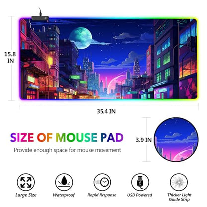 AIMSA RGB Gaming Mouse Pad, Large Mousepad with 14 Led Light Modes, Keyboard Pad Gaming Accessories for Desk, Non-Slip Rubber Base Mouse Mat for Gamer, Modern Urban Night Scene - color: Modern Urban Night Scene