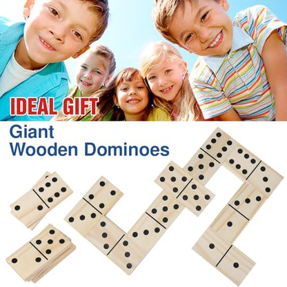 GOTHINK Giant Wooden Dominos Set for Adults and Kids,28pcs Jumbo Natural Wood Black-Dot Dominoes Tiles for Birthday/Holiday Family Party Games,Outdoor Camping Lawn and Backyard Activities 2-4 Players - style: Black Dot
