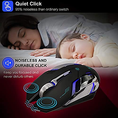 VEGCOO Wireless Gaming Mouse, Silent Wireless Mouse, Rechargeable Computer Mice with Colorful RGB LED Lights and 3-Level-Adjustable DPI, 6 Buttons Mouse with Side Buttons for Laptop and Desktop - color: black