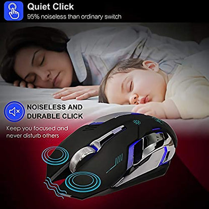 VEGCOO Wireless Gaming Mouse, Silent Wireless Mouse, Rechargeable Computer Mice with Colorful RGB LED Lights and 3-Level-Adjustable DPI, 6 Buttons Mouse with Side Buttons for Laptop and Desktop - color: black