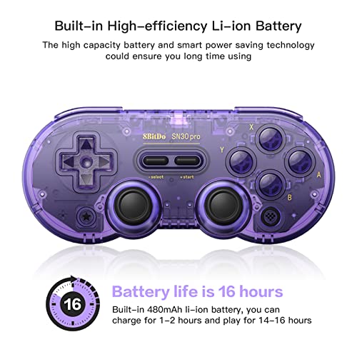 8Bitdo SN30 Pro Bluetooth Controller, Hall Effect Joystick(Crystal Purple) | Rumble Vibration, Turbo Function, USB-C Cable, Wireless Gamepad for Switch/Switch 2, Windows, Apple, Steam Deck, Raspberry Pi - color: Crystal Purple