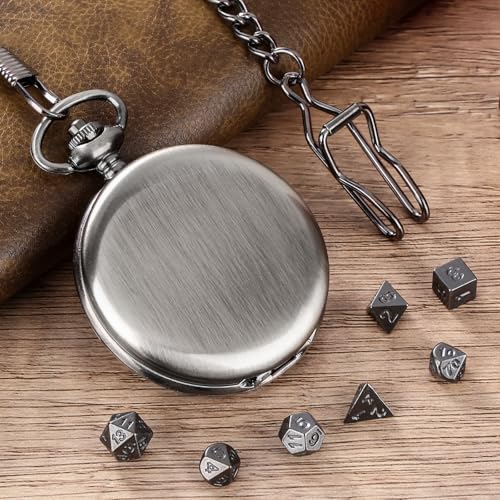 Mini DND Dice Set with Smooth Pocket Watch Shell Case, 7pcs Polyhedral Metal D&D Dice Accessories, DND Gifts with Box for Player, Role Playing Board Games Accessories, DND Gifts, Dark Silver - color: Dark Silver