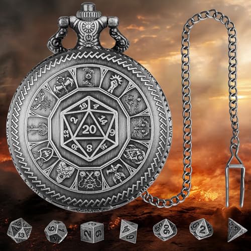 Keller & Weber Mini DND Dice Set, Center Number Dice Pocket Watch Case, 7 Pieces Polyhedral Metal D&D Dice, DND Gift with Gift Box, Role Playing Board Game Accessories, Dark Silver - color: Dark Silver