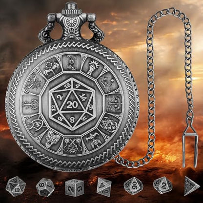 Keller & Weber Mini DND Dice Set, Center Number Dice Pocket Watch Case, 7 Pieces Polyhedral Metal D&D Dice, DND Gift with Gift Box, Role Playing Board Game Accessories, Dark Silver - color: Dark Silver