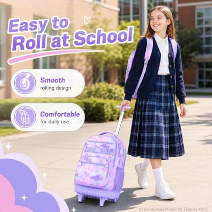 3Pcs Rolling Backpack for Girls Women, Travel Roller Backpacks with Wheels for Adults, Teens College Tie-Dye Wheeled Bookbag with Lunch Box(Purple) - color: Pink Purple