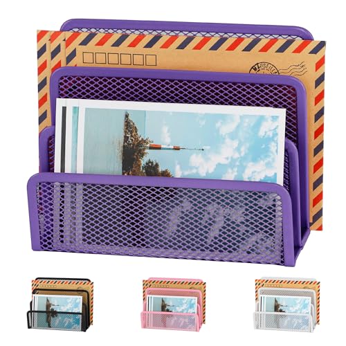 EASEPRES Desk Mail Organizer, Office Small Desktop Metal Mesh Envelope Letter Sorter Paper File Holder Organizer with 3 Vertical Upright Compartments, Purple 1 Pack - color: Purple, size: 1 Pack