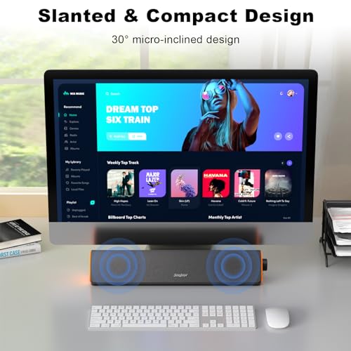 SOULION Bluetooth Computer Speakers for Desktop Monitor PC USB Powered | USB Powered & 3.5mm, Colorful LED Lights, Switch Button Clear & Rich Sound, Breathable Cloth,Surround Soundbar - color: Dark Grey