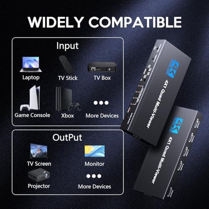 HDMI Multiviewer Switch 4x1 Quad Multi-Viewer 4 in 1 Out Seamless Switching with Remote Control Support 1080P/4K and 5 Display Modes for Security Camera, Gaming Consoles