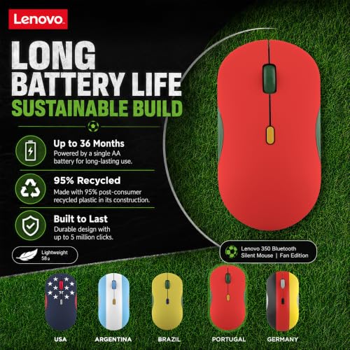Lenovo 350 Bluetooth Silent Mouse (Fan Edition), Wireless Ergonomic Ambidextrous Design, Bluetooth 5.3, Adjustable DPI up to 2400, 36 Month Battery Life, Recycled Materials, Portugal Flag - color: Portugal Flag