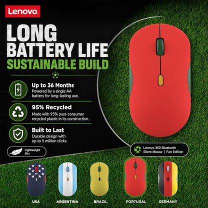 Lenovo 350 Bluetooth Silent Mouse (Fan Edition), Wireless Ergonomic Ambidextrous Design, Bluetooth 5.3, Adjustable DPI up to 2400, 36 Month Battery Life, Recycled Materials, Portugal Flag - color: Portugal Flag