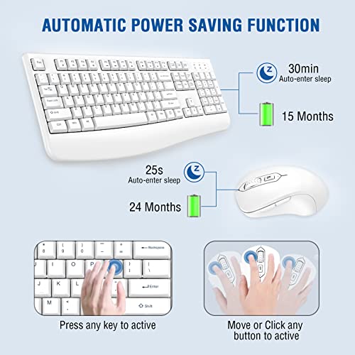 Wireless Keyboard and Mouse Combo, EDJO Full-Sized Ergonomic Computer Keyboard with Wrist Rest and 3 Level DPI Adjustable Wireless Mouse for Windows, Mac OS Desktop/Laptop/PC (White) - color: White